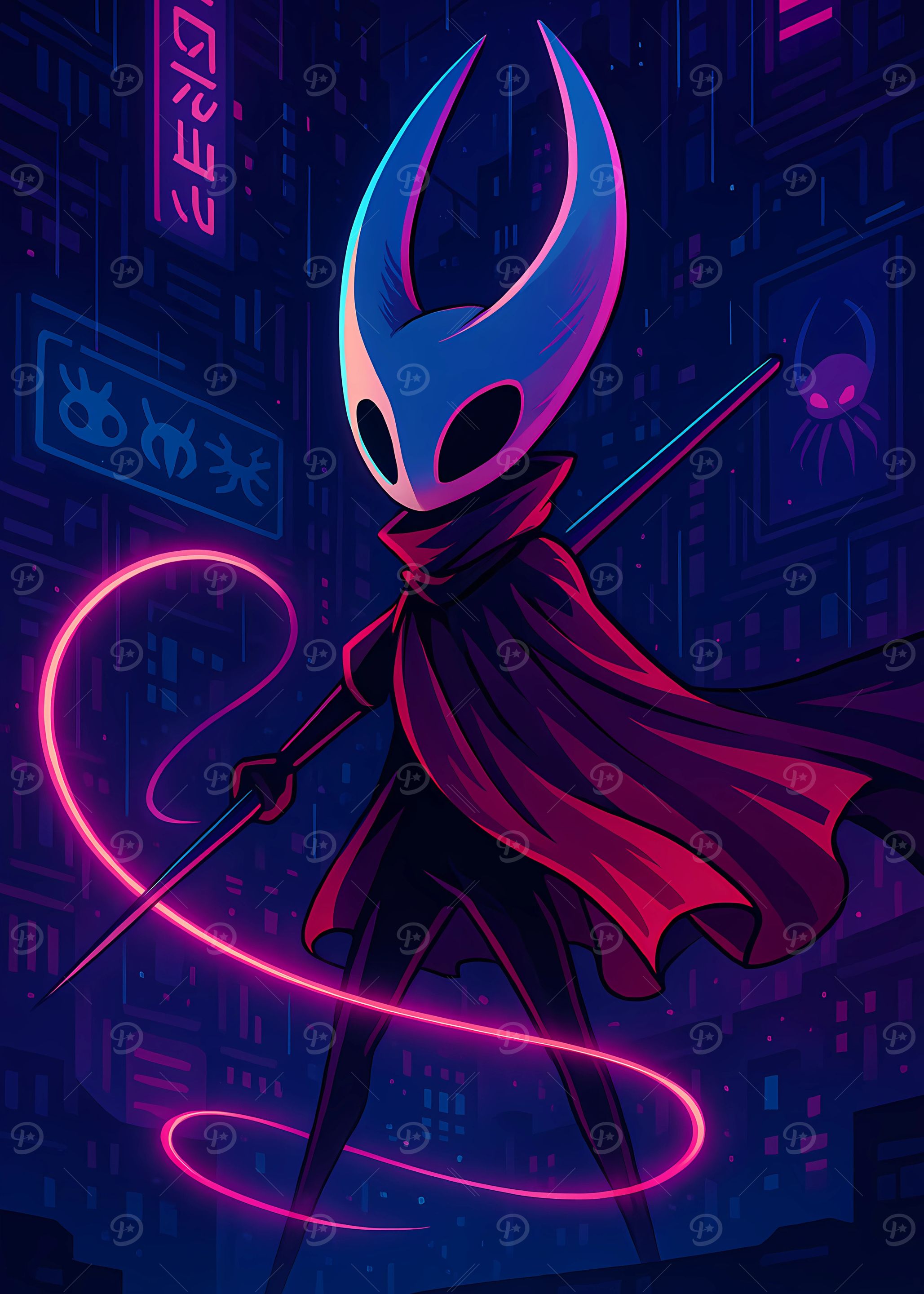 Hollow Knight in Neon Cityscape