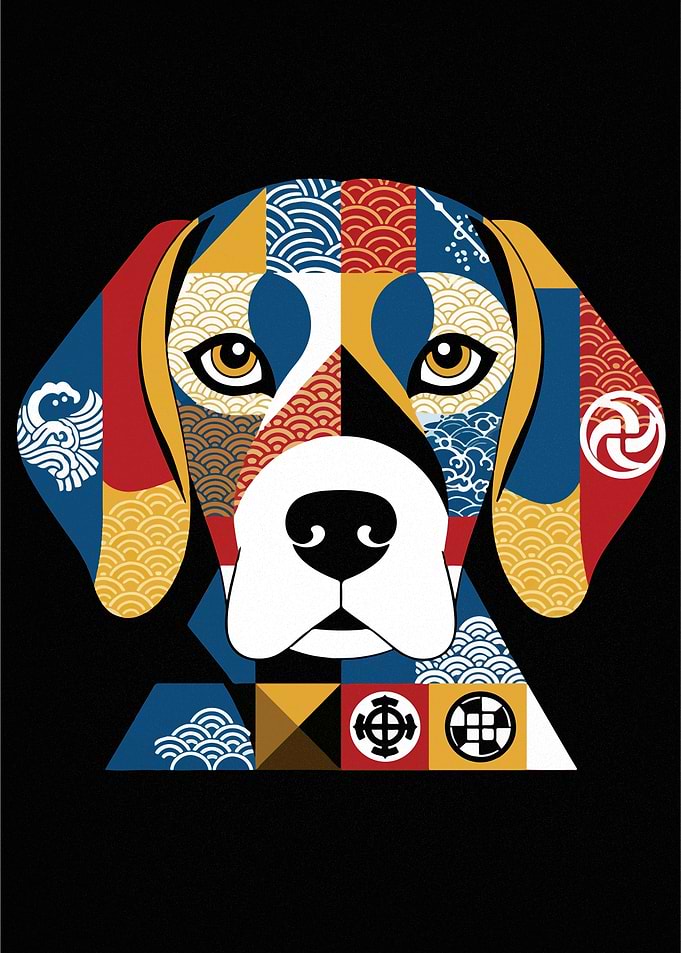 Dog Portrait with Japanese Patterns