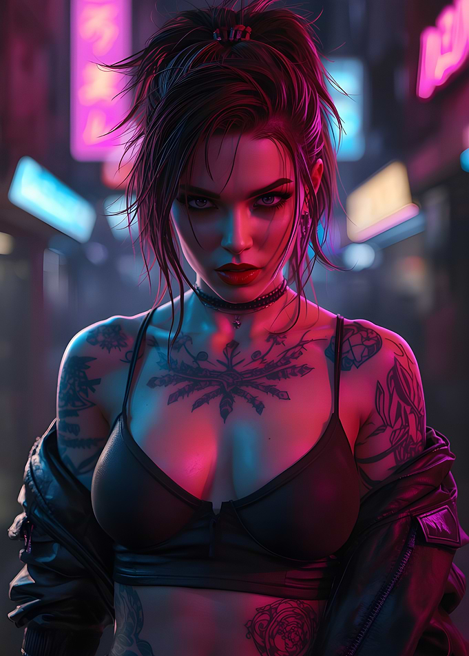 Cyberpunk Girl with Tattoos in Neon City