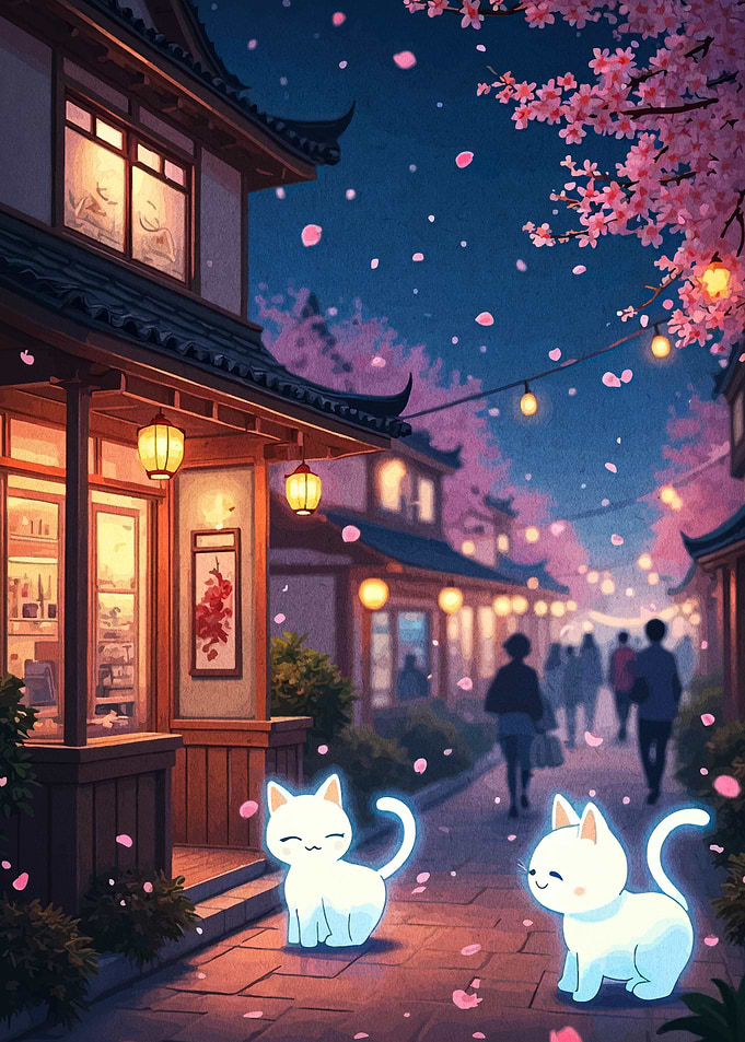 Japanese street with cats and cherry blossoms