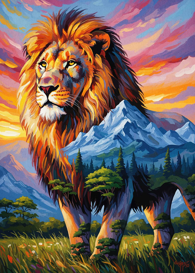 Lion and Mountain Landscape