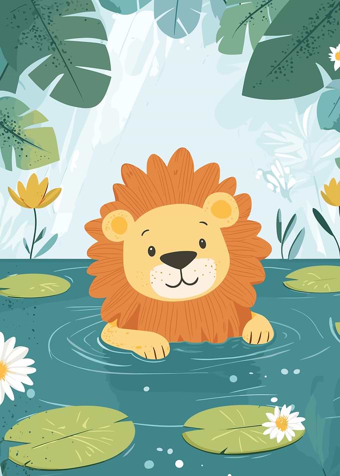 Cute Lion in Pond Illustration
