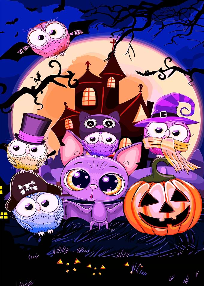 Halloween Cartoon Owls and Bat