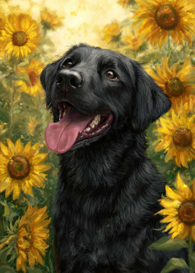 Black Labrador in Sunflower Field Painting