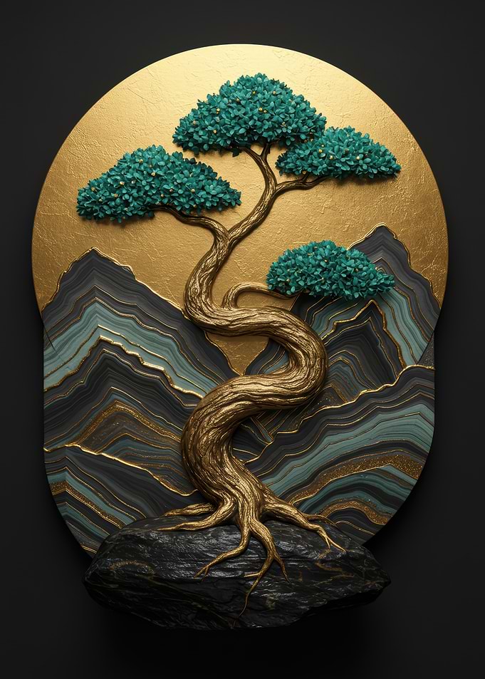 Golden Bonsai Tree with Mountain Backdrop