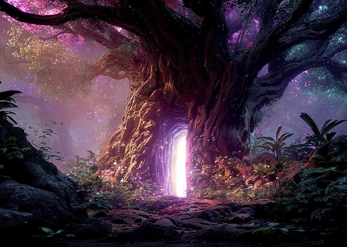 Surreal Enchanted Tree With Glowing Portal In Fantasy Forest