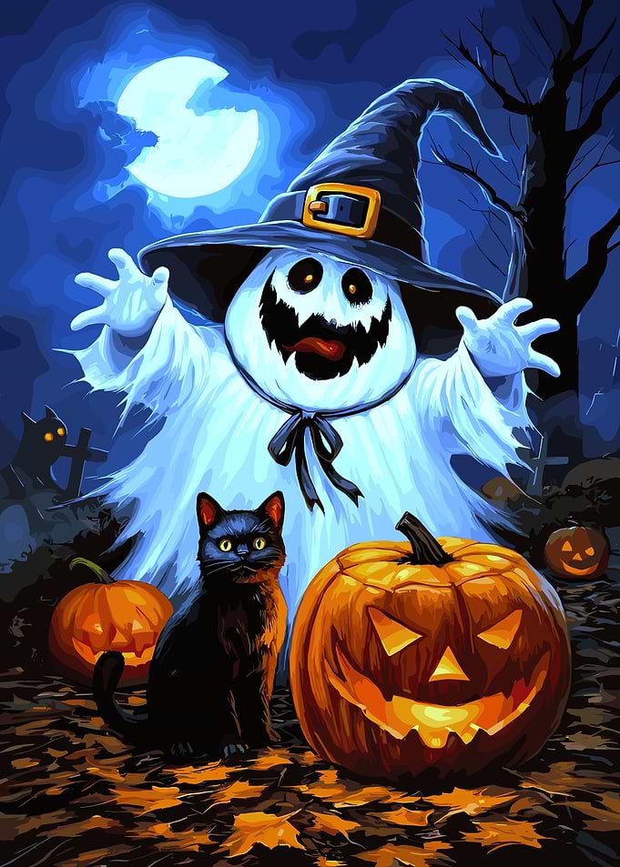 Halloween Ghost, Cat, and Pumpkins