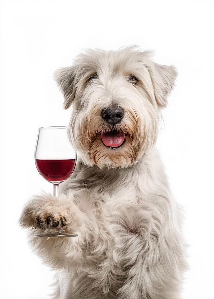 Sealyham Terrier dog holding glass of red wine