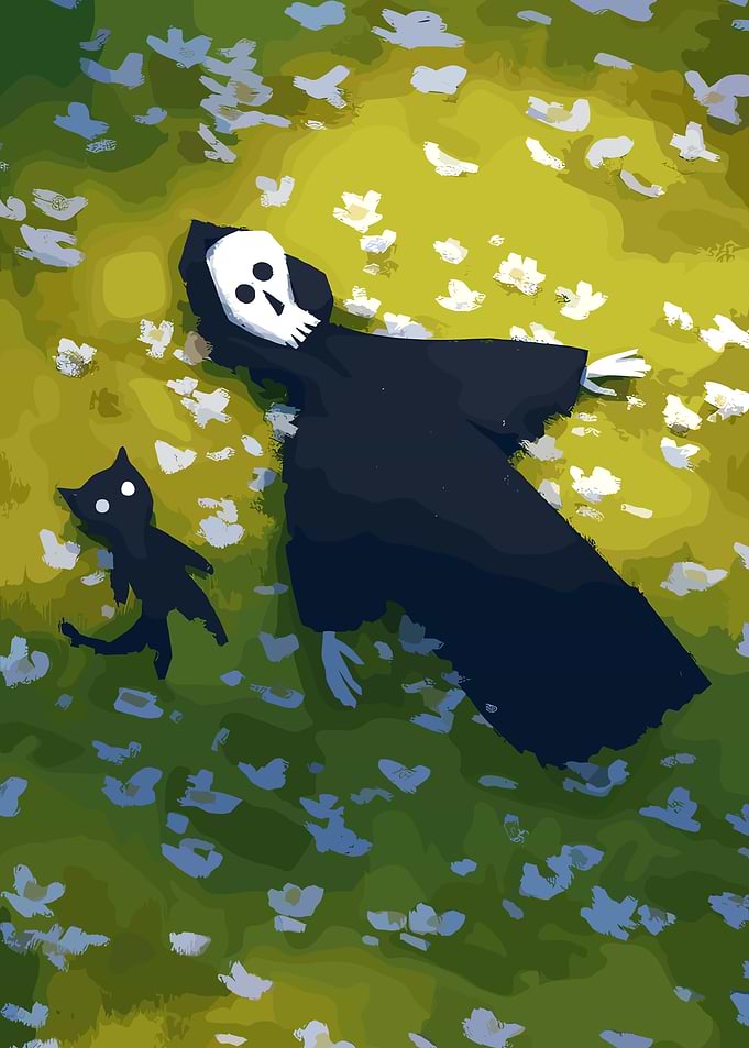 Death and Cat in Flower Field