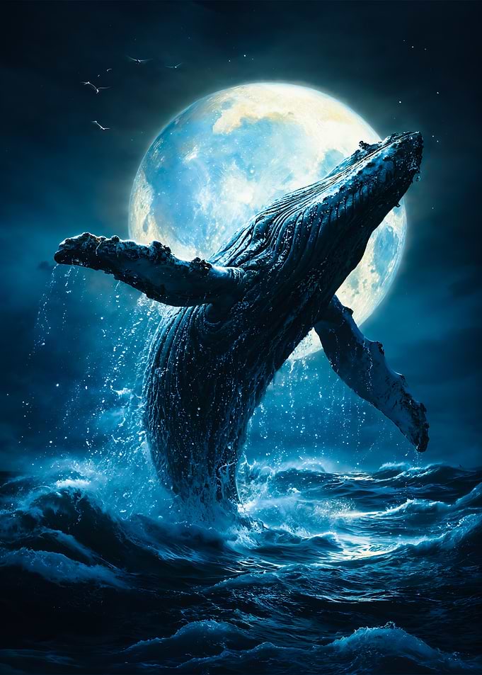 Whale Breach, Moonlight Ocean