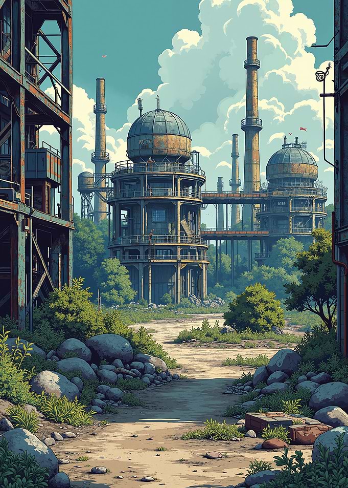 Overgrown Industrial Landscape with Domed Structures