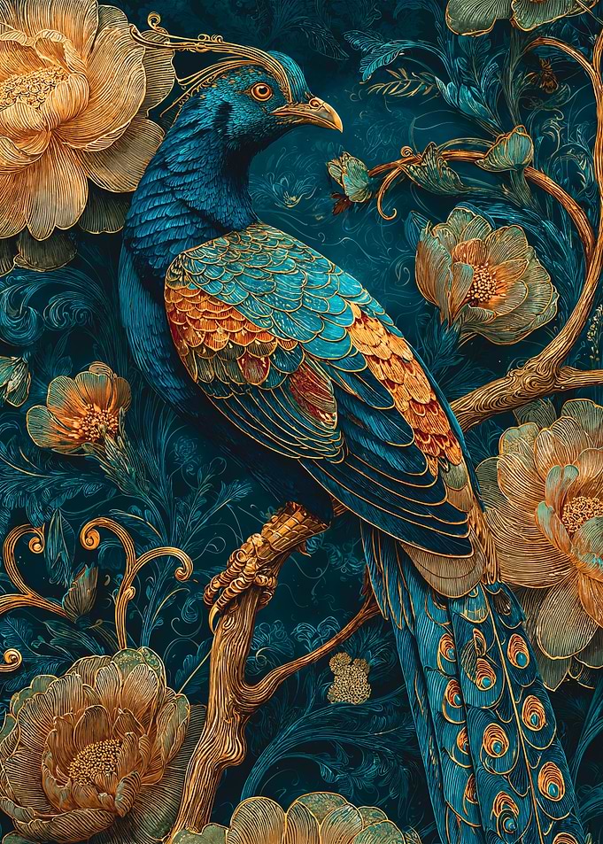 Peacock, Golden Feathers, Floral Art