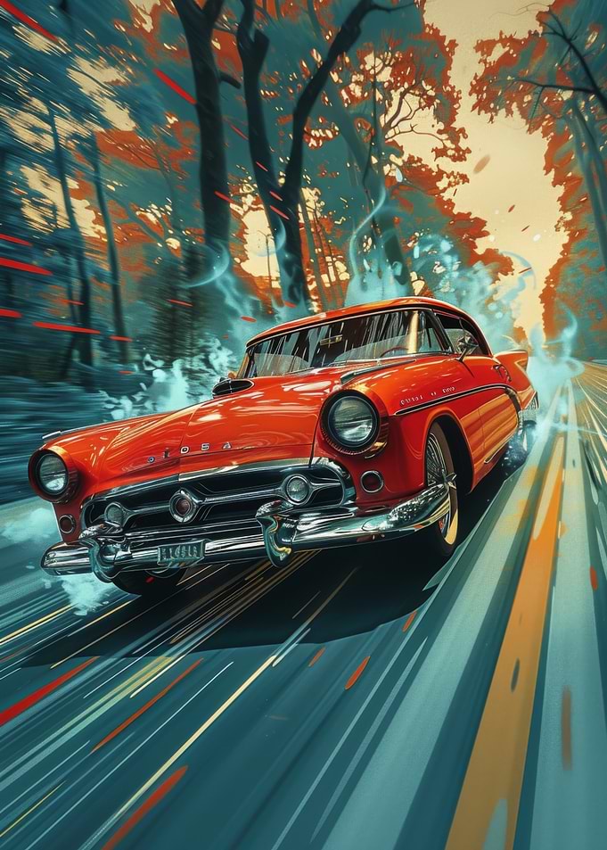 Red Classic Car Speeding Through Forest