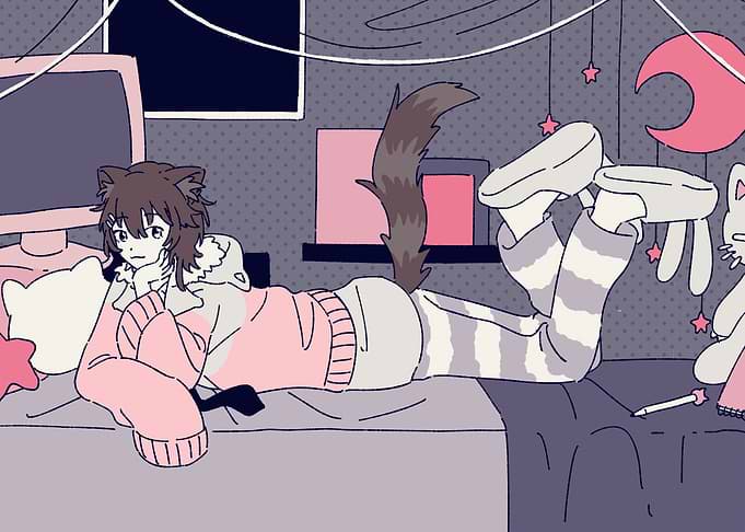 Anime Boy with Cat Ears Relaxing
