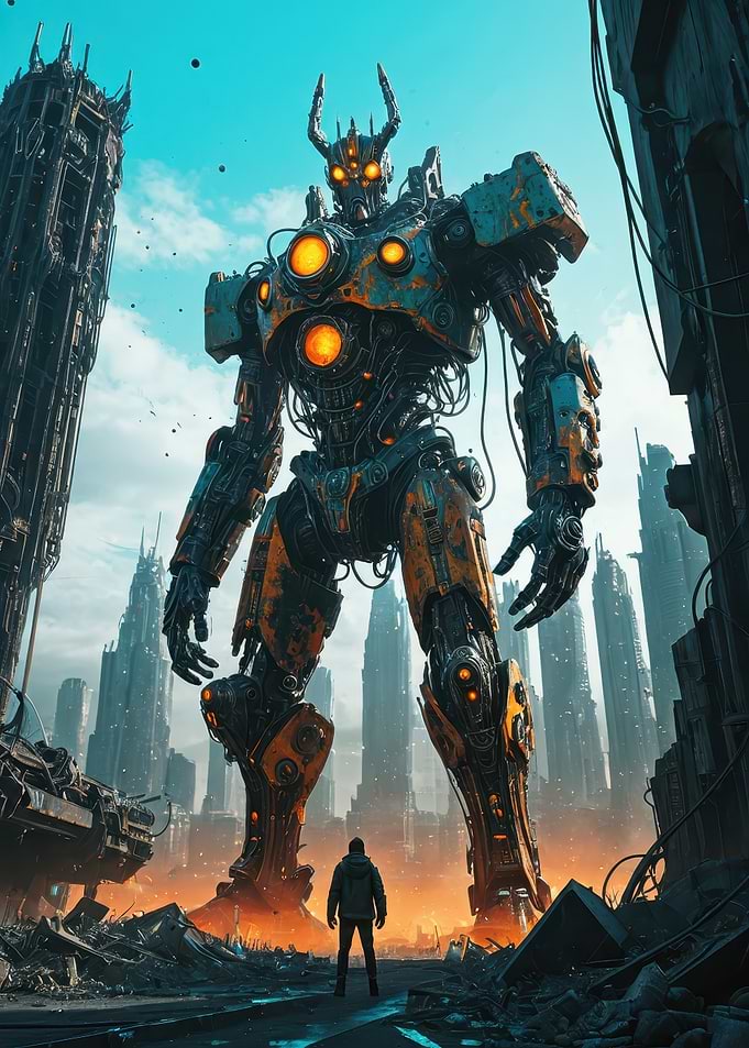 Colossal Battle Mech Towering Over a Dystopian City — Futuristic Robot Illustration