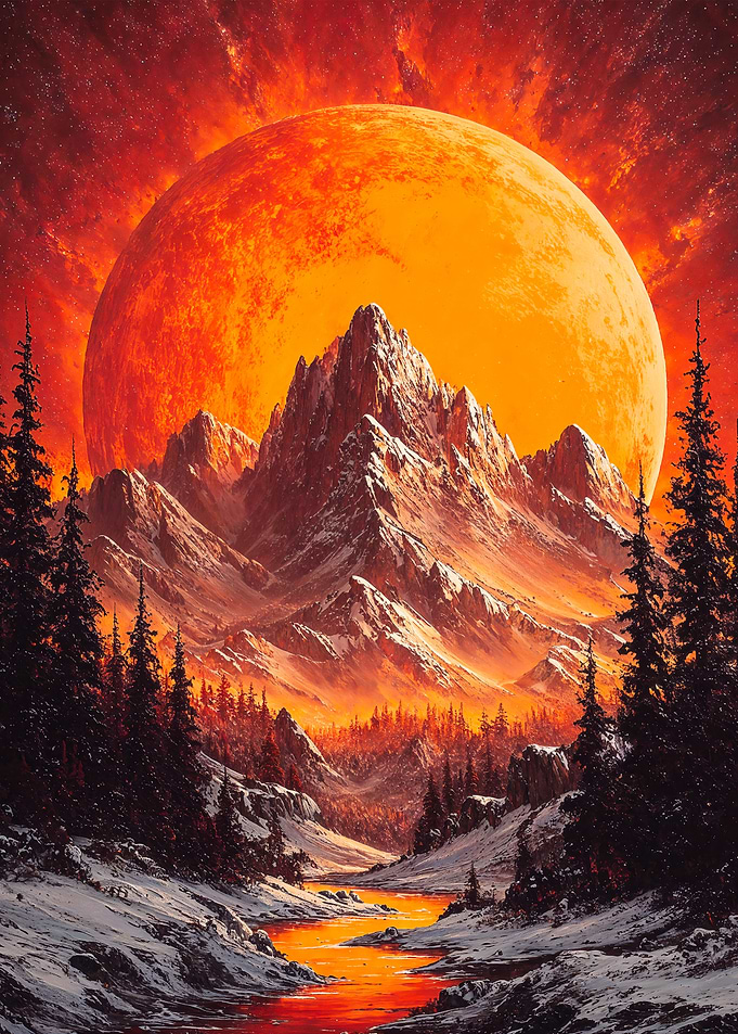 Fiery Mountain Landscape with Giant Red Moon