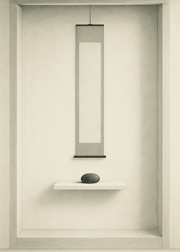 Minimalist Japanese Room with Scroll and Stone