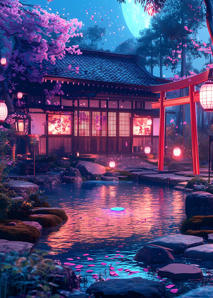 Japanese Garden with Torii Gate and Pond