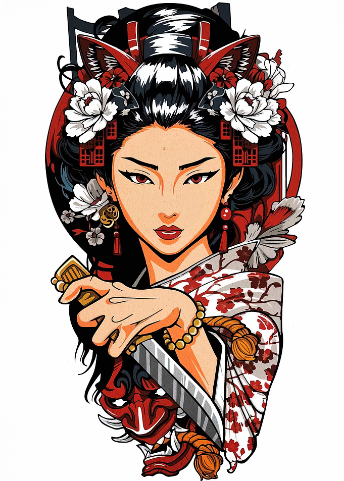 Fox-eared Geisha with Katana Illustration