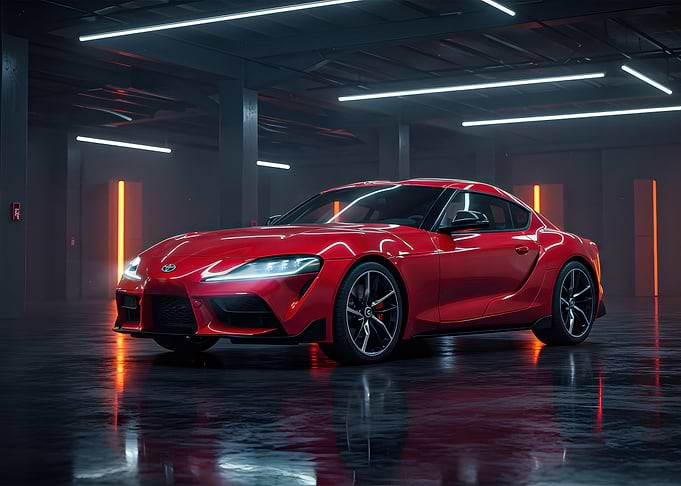 Red Toyota Supra in Modern Garage