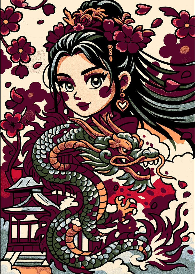 Asian Woman with Dragon and Flowers