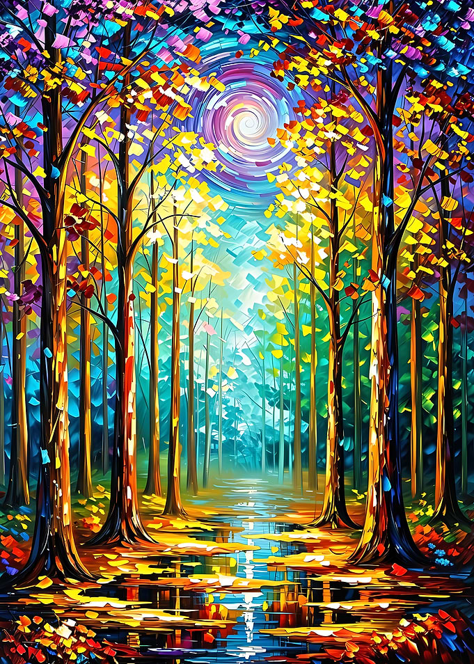 Colorful Forest Painting with Swirling Sky