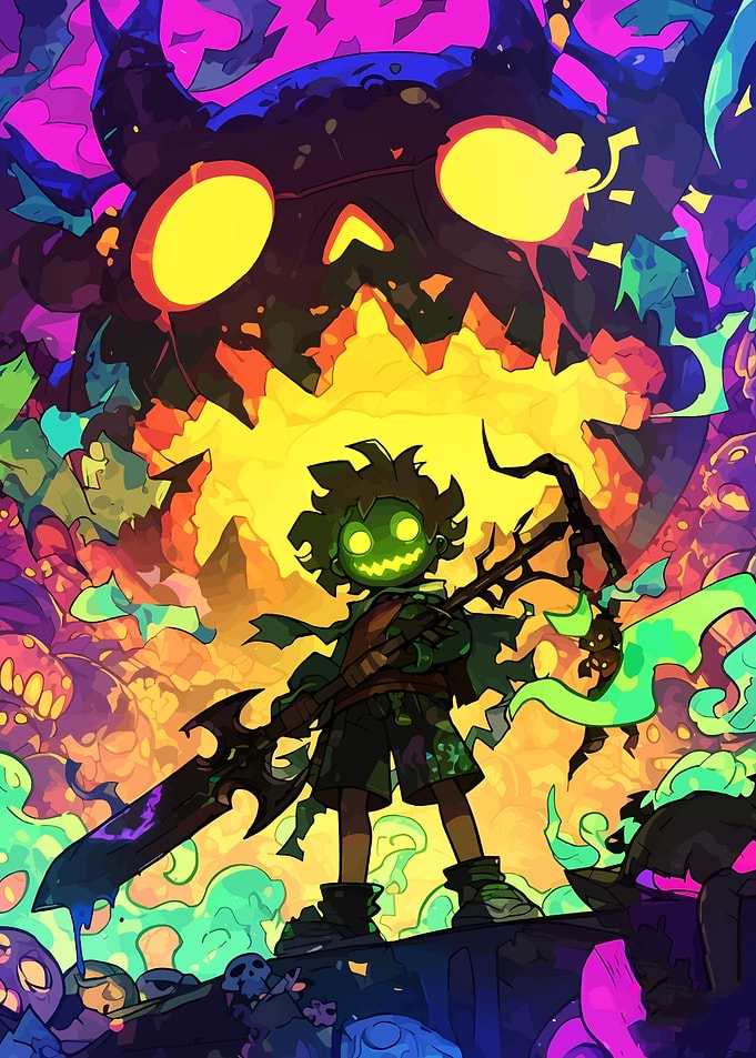 Neon Warrior with Skull Backdrop