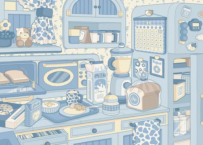Blue Kitchen Illustration with Food Items