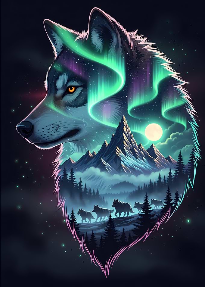 Alpha Wolf – Double Exposure Night Landscape Wall Art