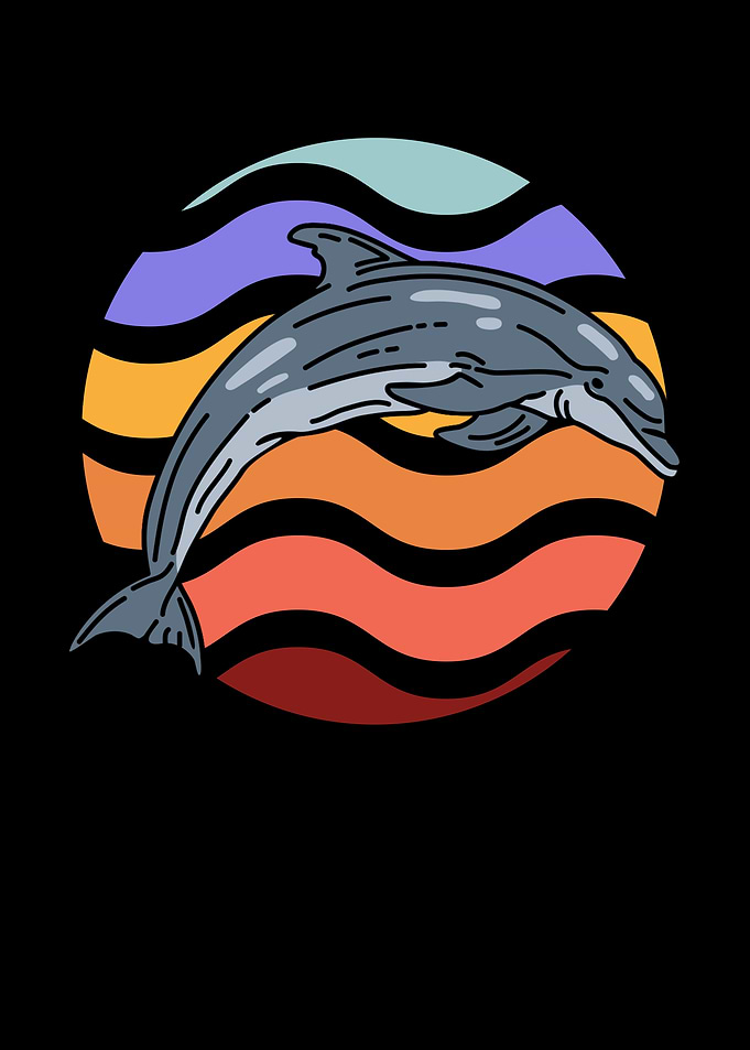 Dolphin Illustration with Retro Sunset Waves