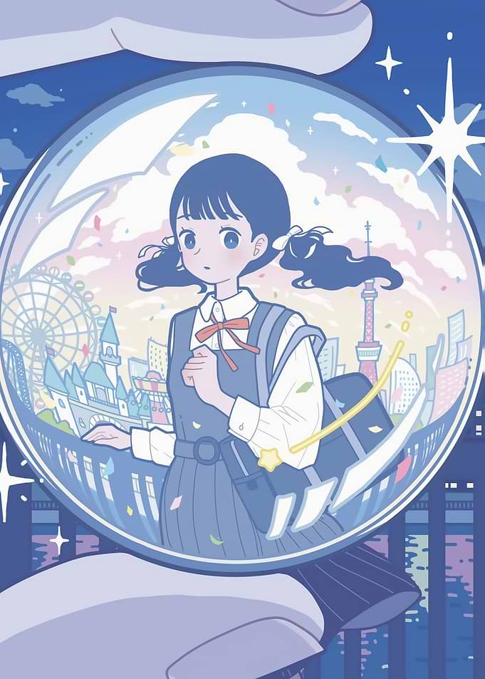 Anime Girl in Bubble with Cityscape