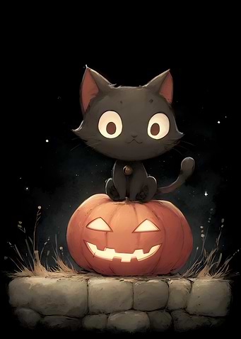 Black Cat on Halloween Pumpkin