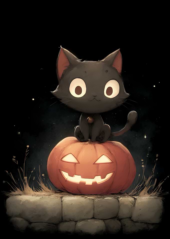 Black Cat on Halloween Pumpkin