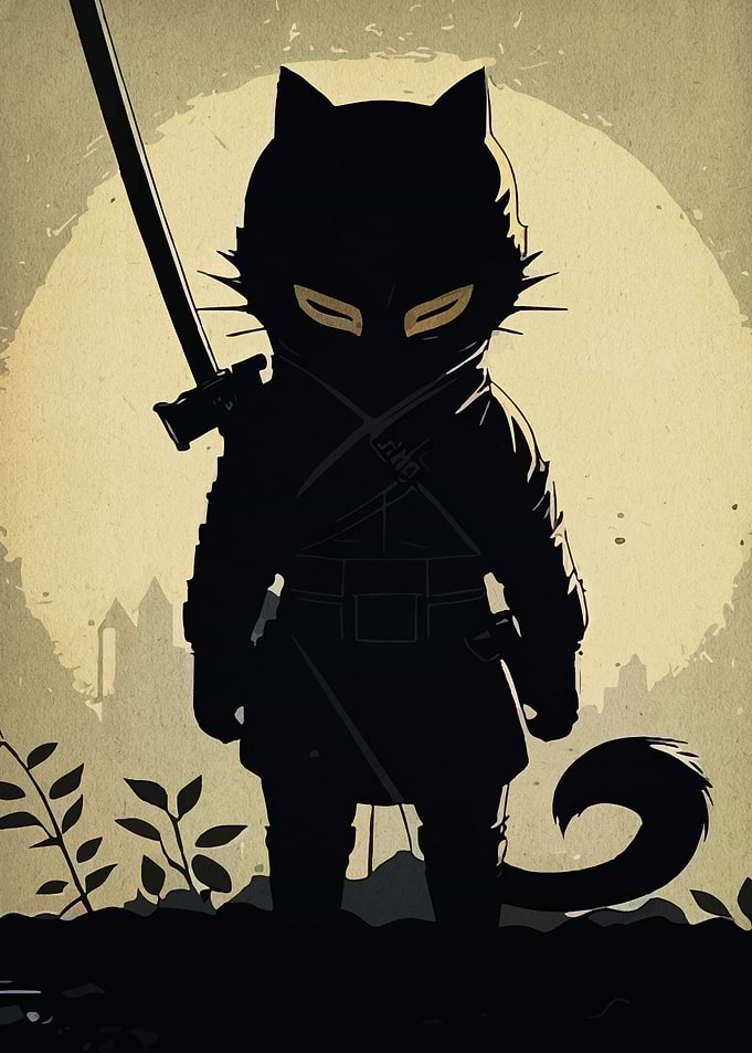 Ninja Cat Silhouette with Sword