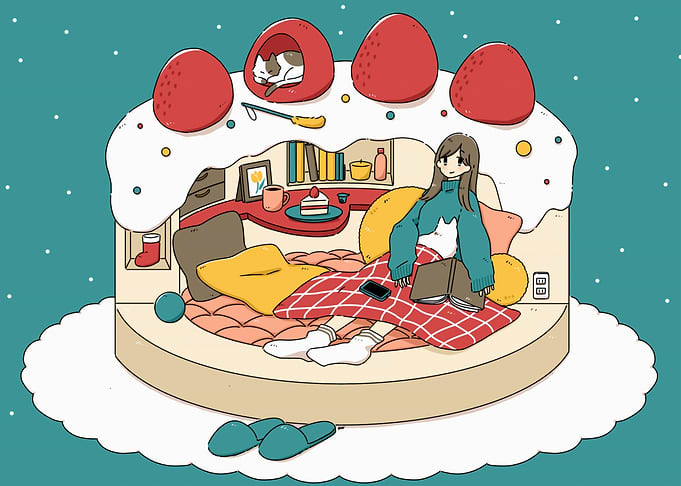 Cozy Cake Room with Girl and Cat