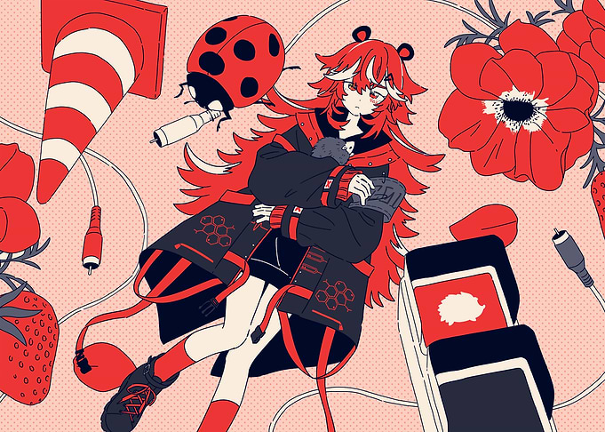 Red-Themed Anime Girl with Surreal Objects