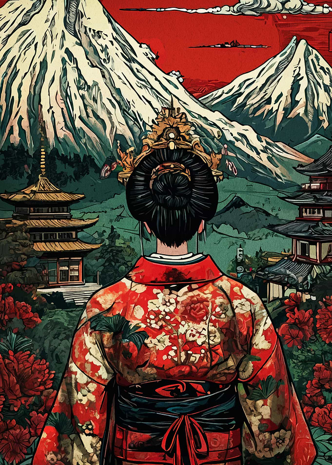 Japanese Woman in Kimono with Landscape