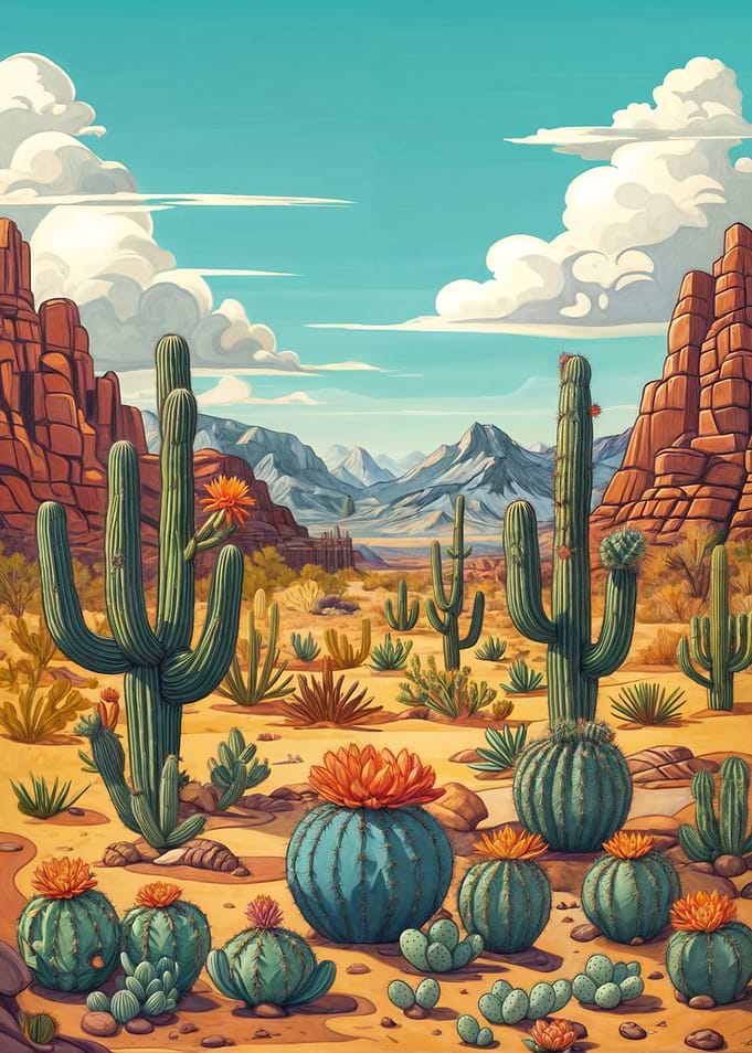 Cartoon Desert Landscape with Cacti