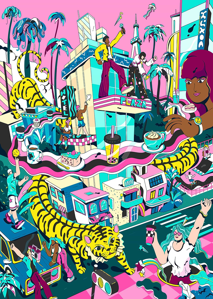 Vibrant Cityscape with Tiger and People