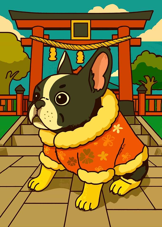 Dog in Kimono at Japanese Shrine