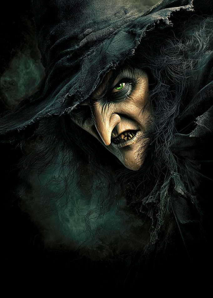Creepy Witch Portrait with Green Eyes