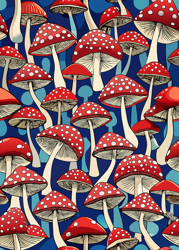 Amanita Mushroom Pattern on Blue Background