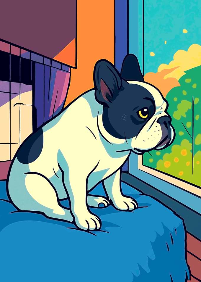 Cartoon French Bulldog Looking Out Window