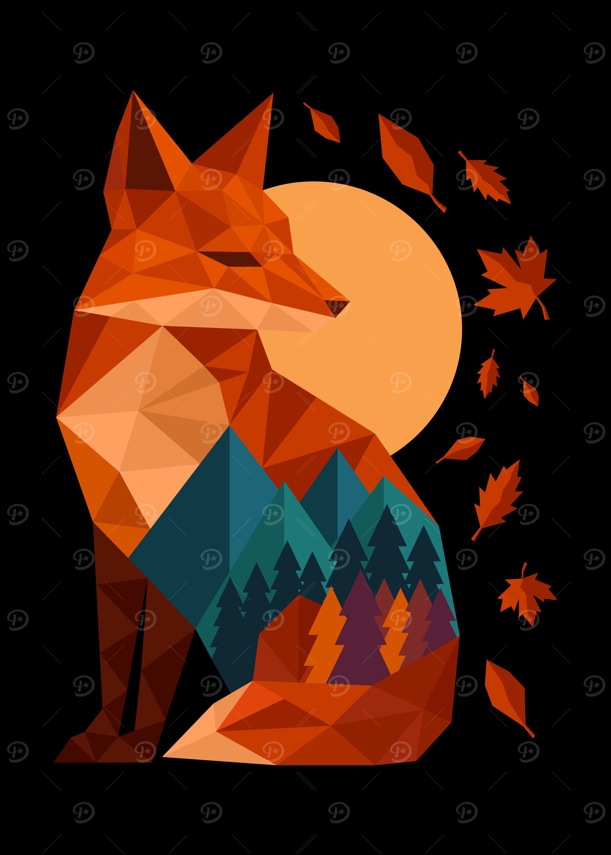 Geometric Fox Under Autumn Moon