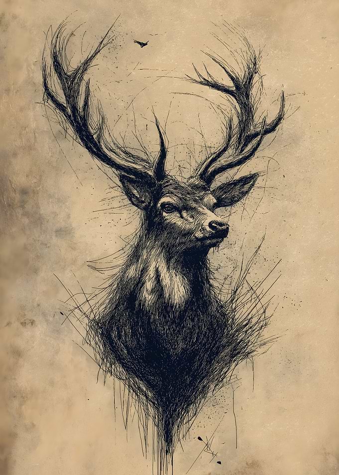 Detailed Deer Sketch on Beige Background