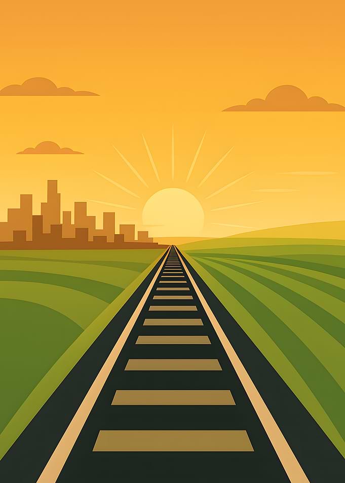 Railroad to City at Sunset