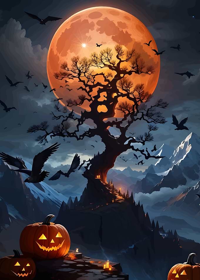 Halloween Night with Pumpkins and Moon