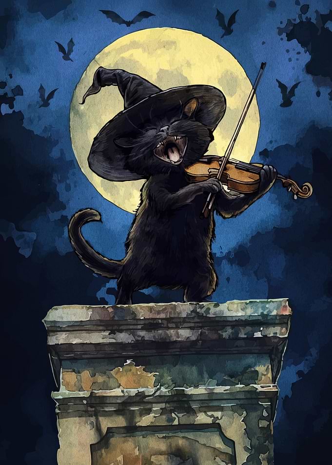 Halloween Cat Violinist Watercolor Illustration