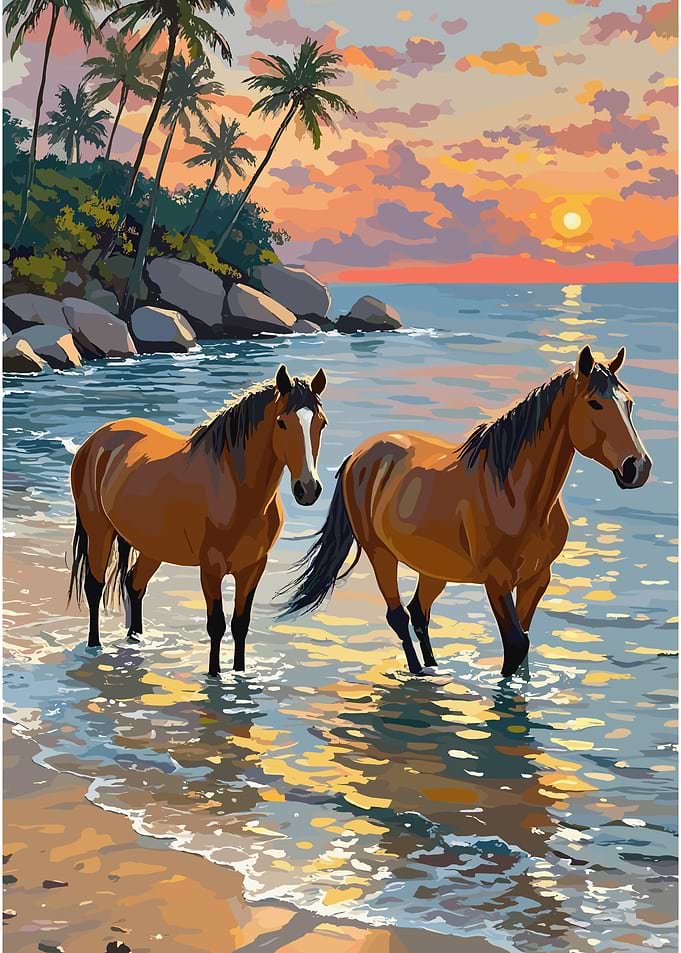 Horses in the ocean at sunset