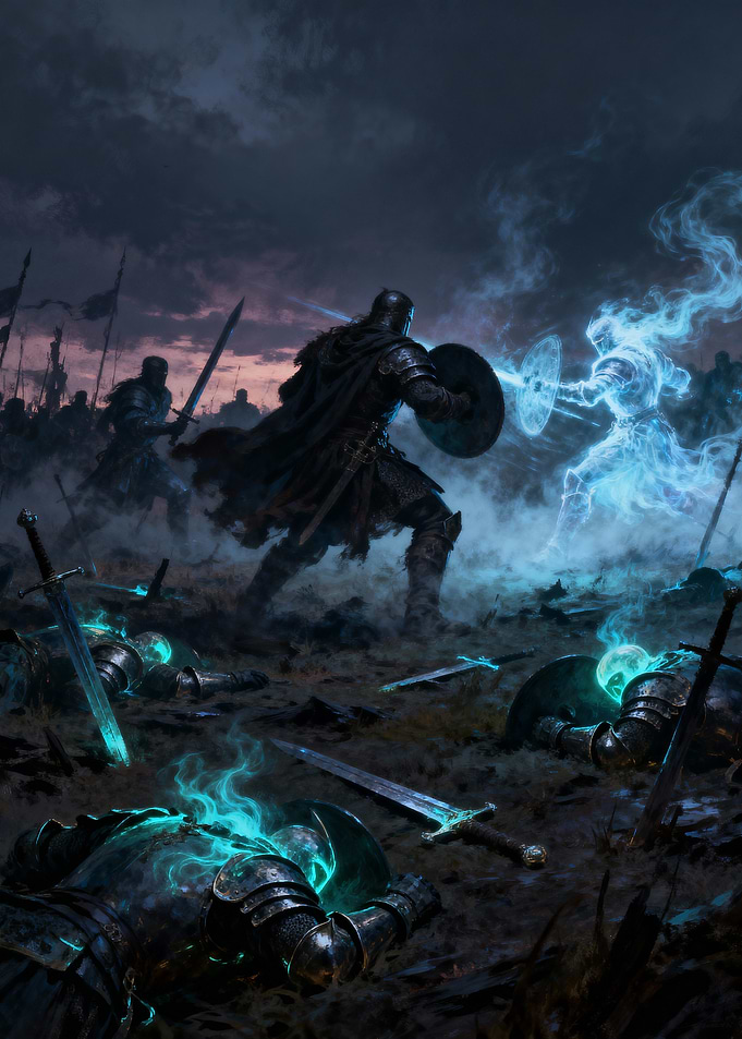 Knight versus spectral warrior on battlefield